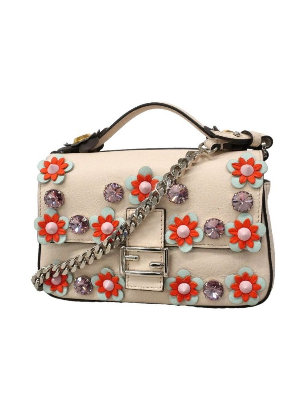 Fendi Handbag Applique Leather Ivory Gray Silver 2-Way Bag